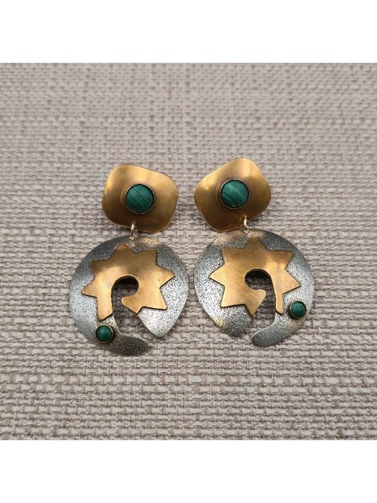 Jewelry - Sterling Silver & Brass Malachite Stone Sunburst Earrings A7359